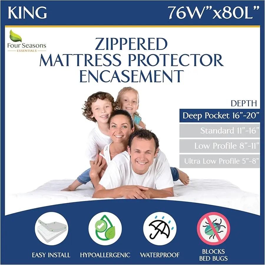 

King Size Mattress Protector Waterproof Zippered Co er - Deep Pocket Fits up to 20" Depth - Hypoallergenic Premium Quality Encas