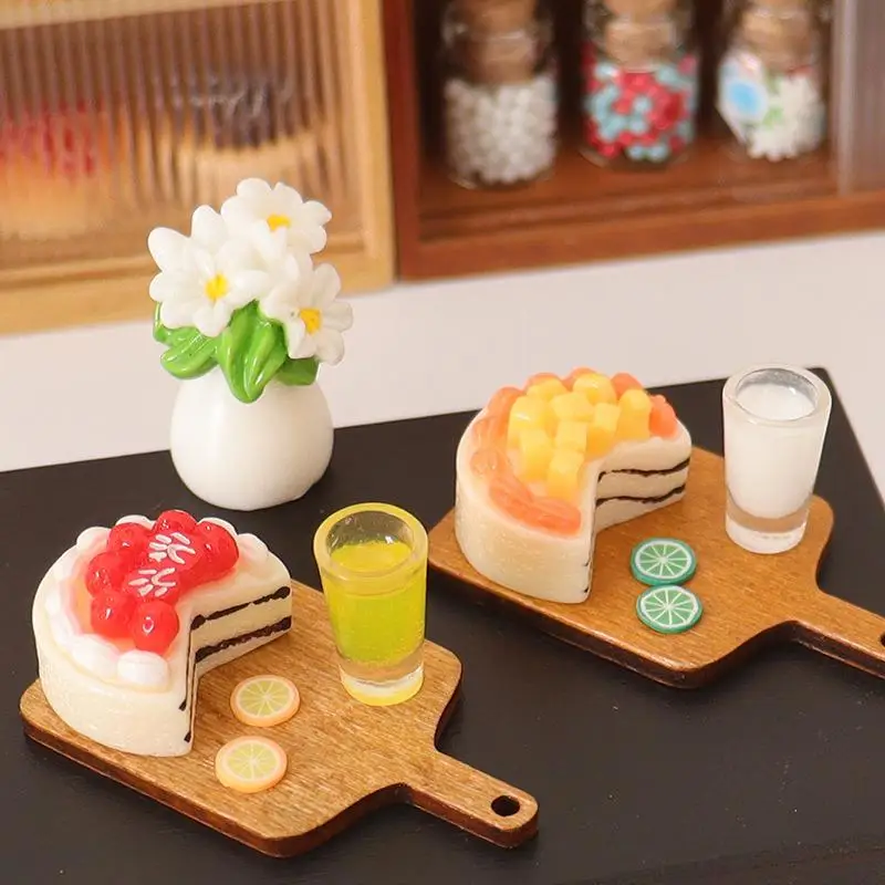 5PCS DIY 장식 인형 집 시뮬레이션 케이크 디저트 우유 주스 세트 미니 주방 트레이 식기 액세서리 어린이 장난감