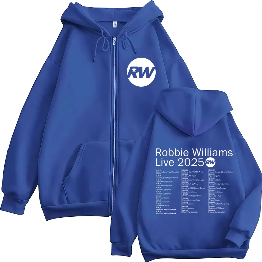 Robbie Williams Live Tour 2025 Rw Logo Zipper Hoodie Mens Women Casual Oversized Zip Up Sweatshirt Hip Hop Fleece Jacket Hoodies
