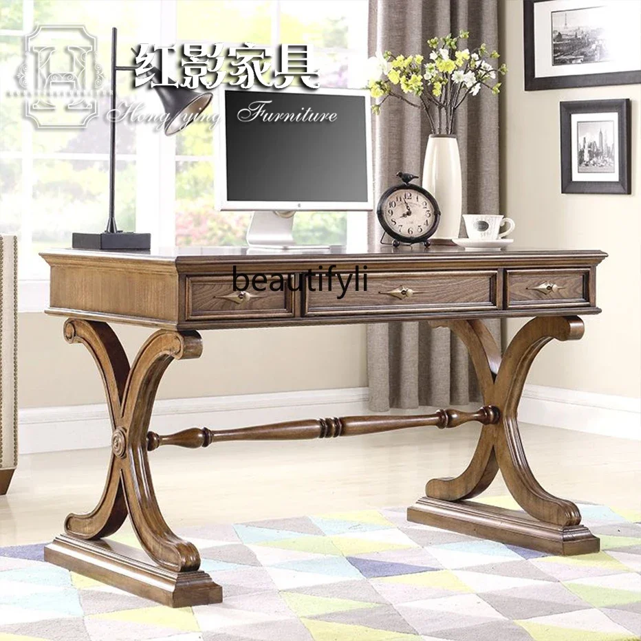 SS American simple solid wood retro desk European carved home desk modern computer desk study New Light Luxury