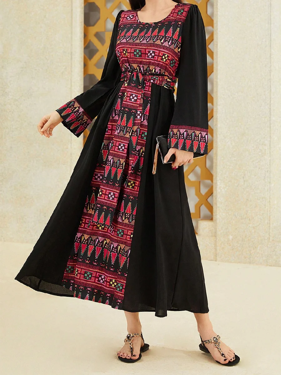 Nueva moda mujer otoño vestido largo Kaftan manga larga patrón Retro estampado cintura ahumada vestido árabe gran oferta S-XL