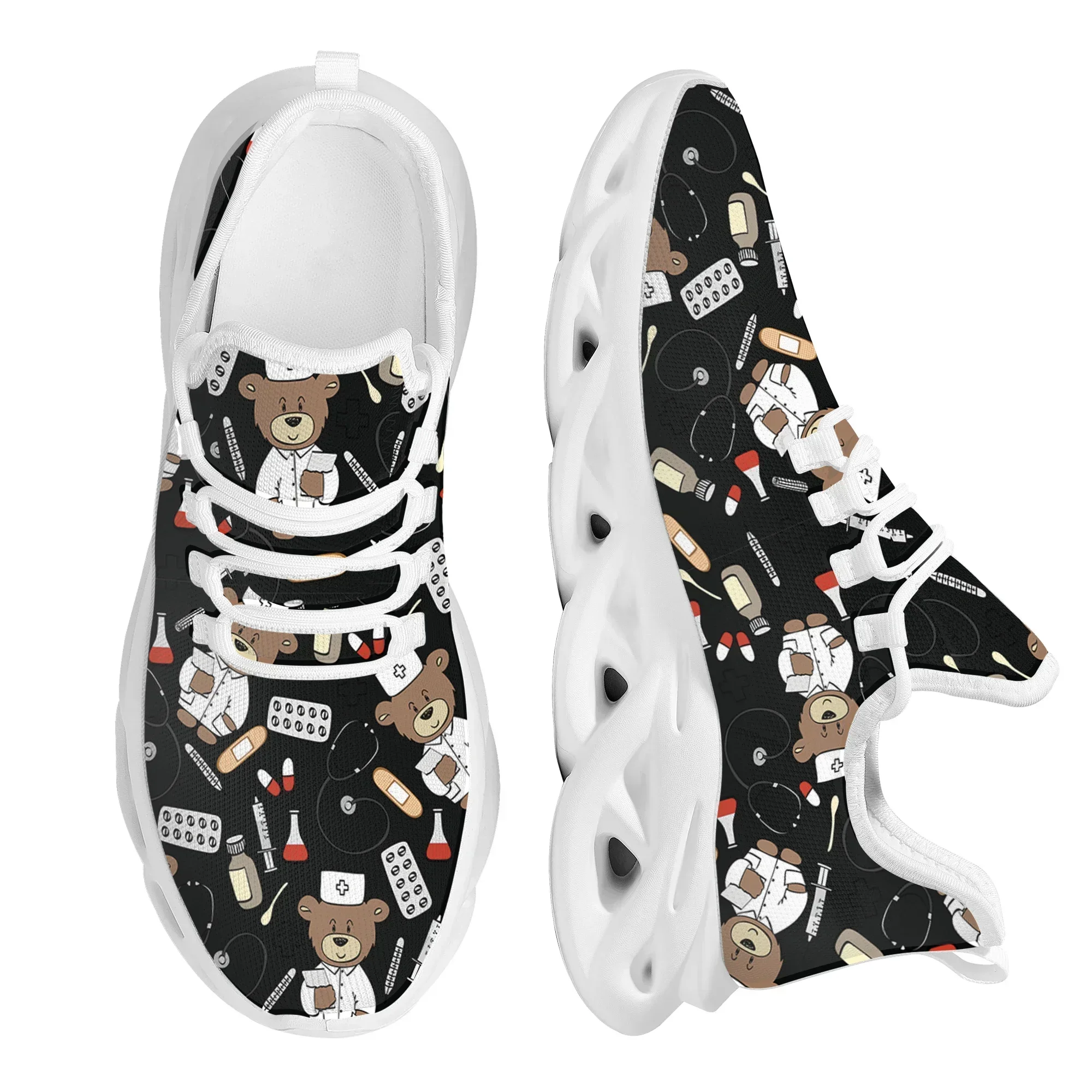 

Cute Bear Nurse Women Sneakers White Nursing Shoes Cute Cartoon Nurse Doctor Medical Print Light Lace-up Flats Footwear