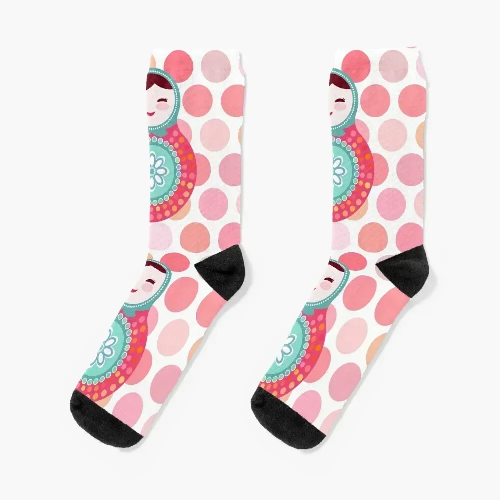 doll matryoshka, pink and blue, pink polka dot background Socks gift Crossfit sports and leisure Designer Man Socks Women's