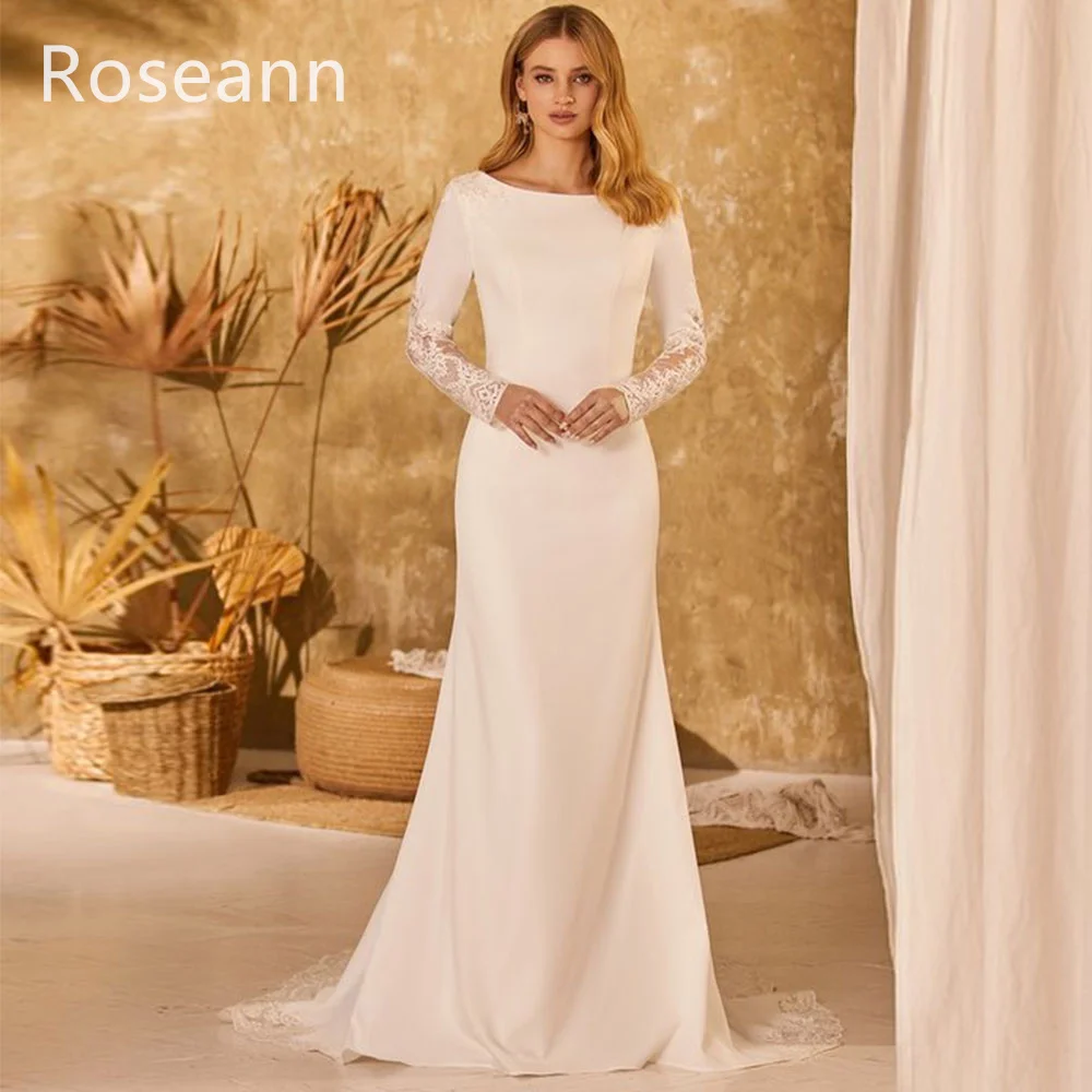 Vestidos de novia de sirena simples musulmanes, apliques de marfil de satén vertical, cuello redondo, vestidos de novia completos, largo hasta el suelo