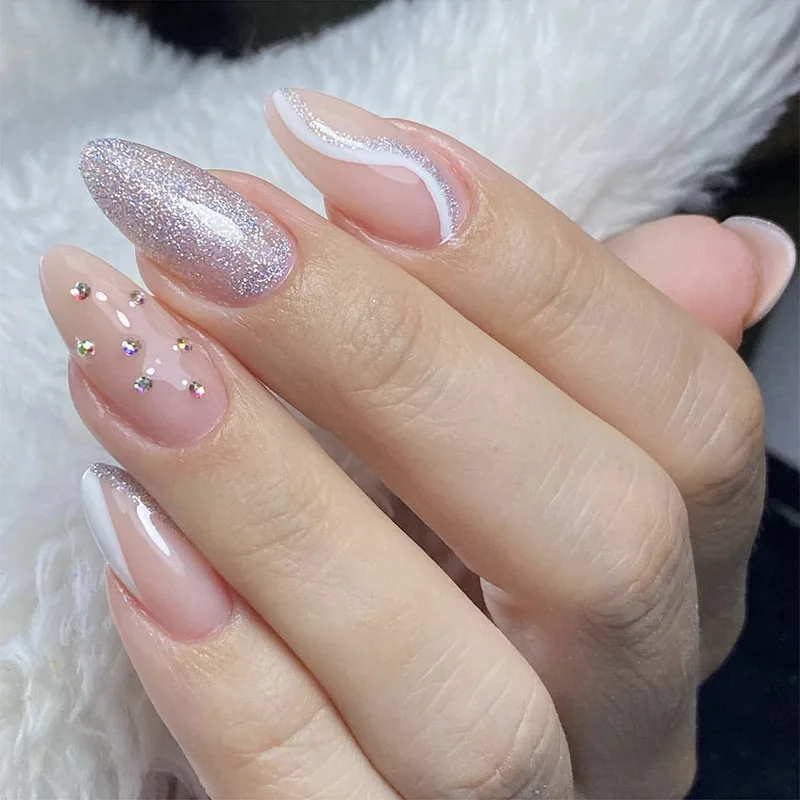 Faux ongles stiletto réutilisables à presser avec de la poudre scintillante, design marbré rose, embouts d'amande, N64.Art, N64.Long, 24 pièces