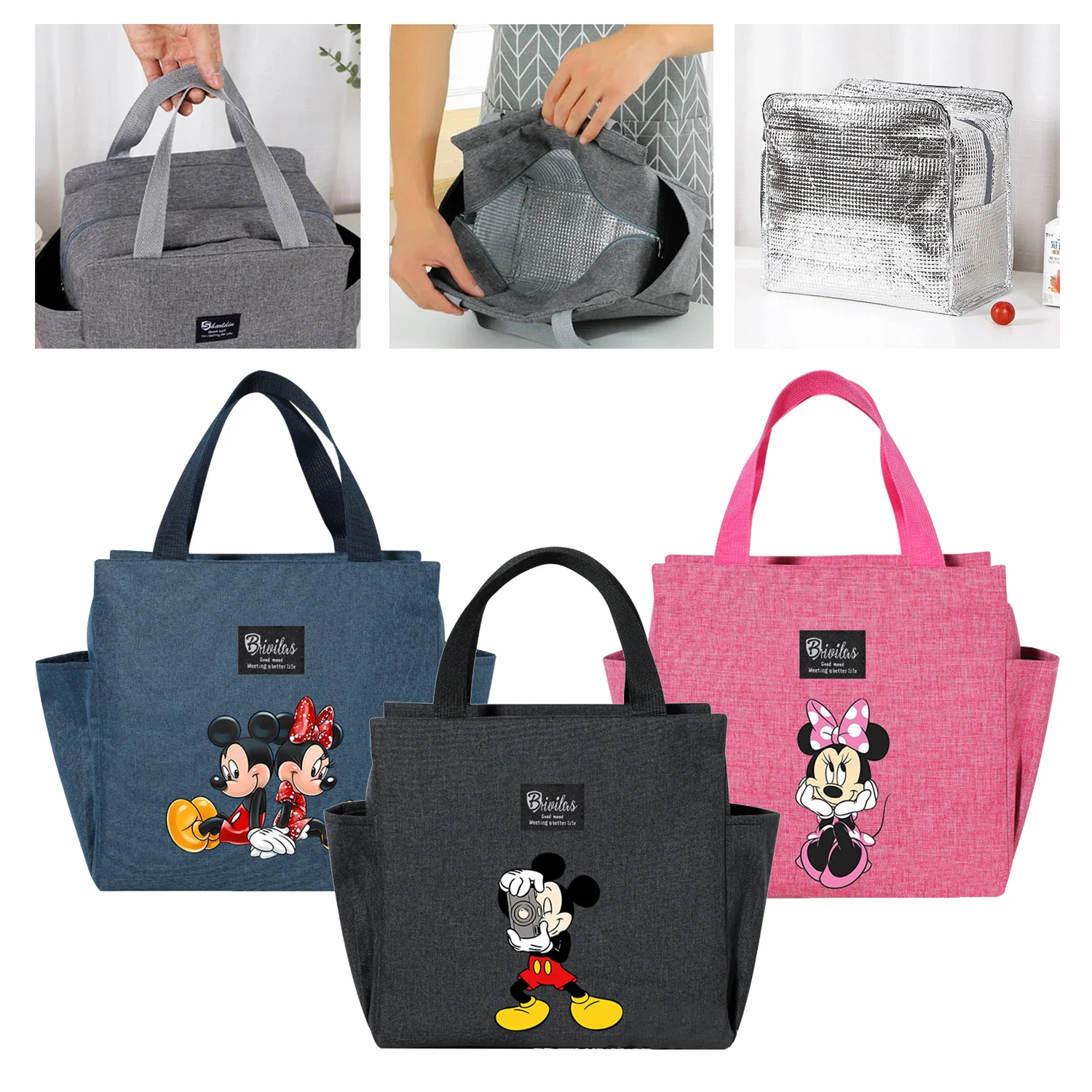 Disney Mickey Minnie Mouse Insulated Lunch Bag Aluminum Foil Meal Pack Student Portable Food Storage Thermal Box Large Capacity