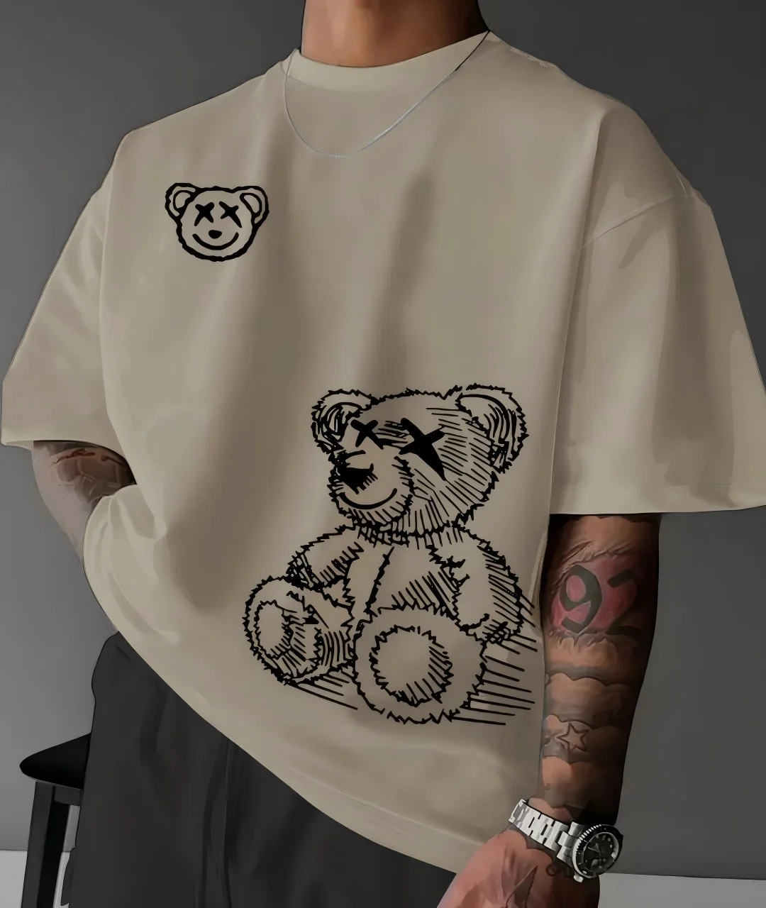 2026 Summer New Men's T-shirt with 3D Bear Pattern Print Street Casual Fashion Comfortable Soft and Breathable