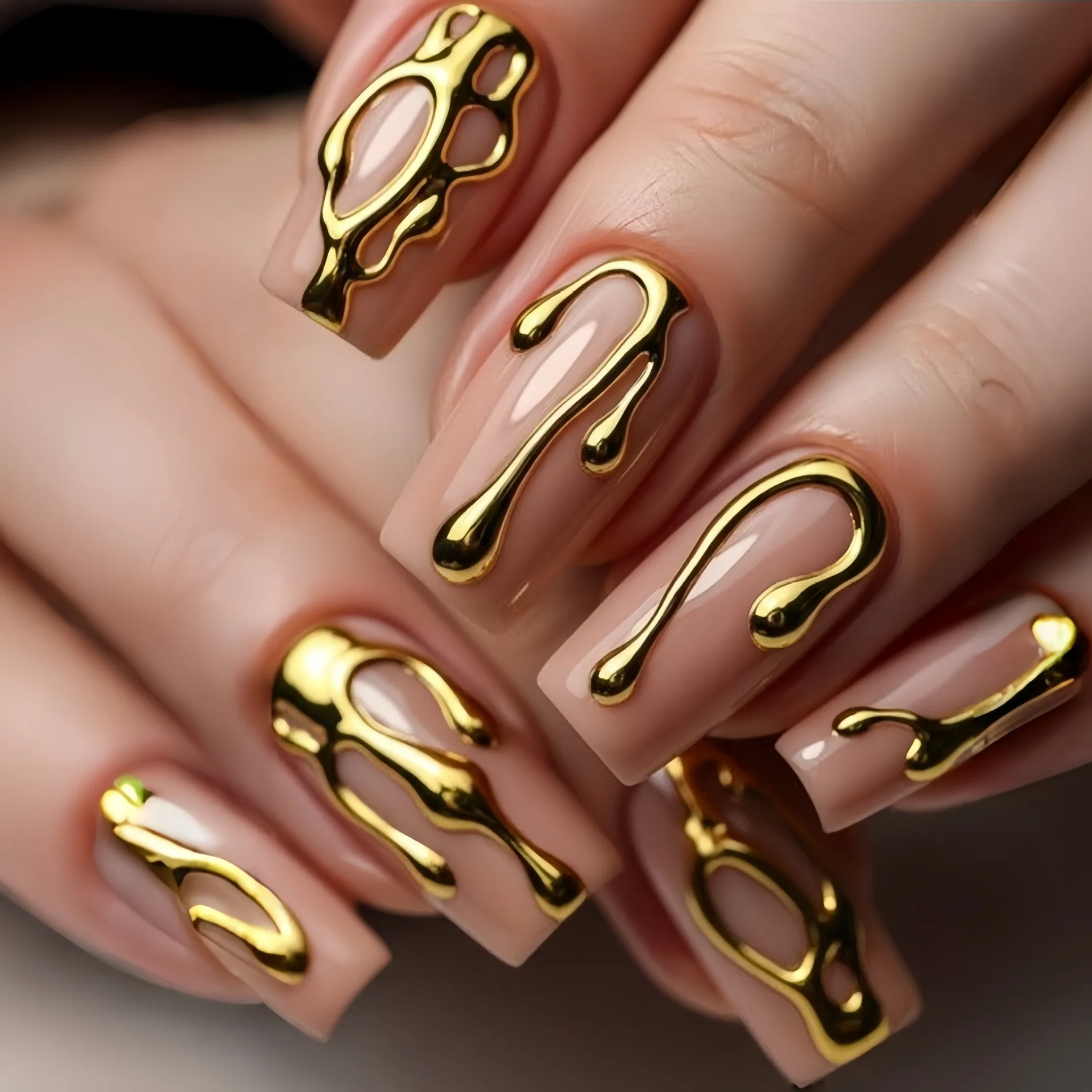 Press on Fake Nails with Gilded Design Reusable False Nails Long Square Full Cover Nails Tips Gold Line Press On Nails