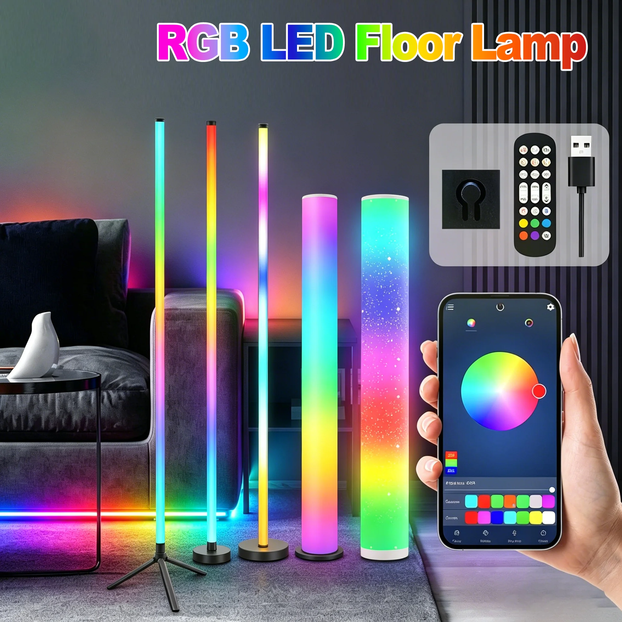 

USB RGB LED Floor Lamp Color 5V WS2812 Changing Corner Light Music Sync Rhythm Night Light USB Powered Ambient Lighting for Room