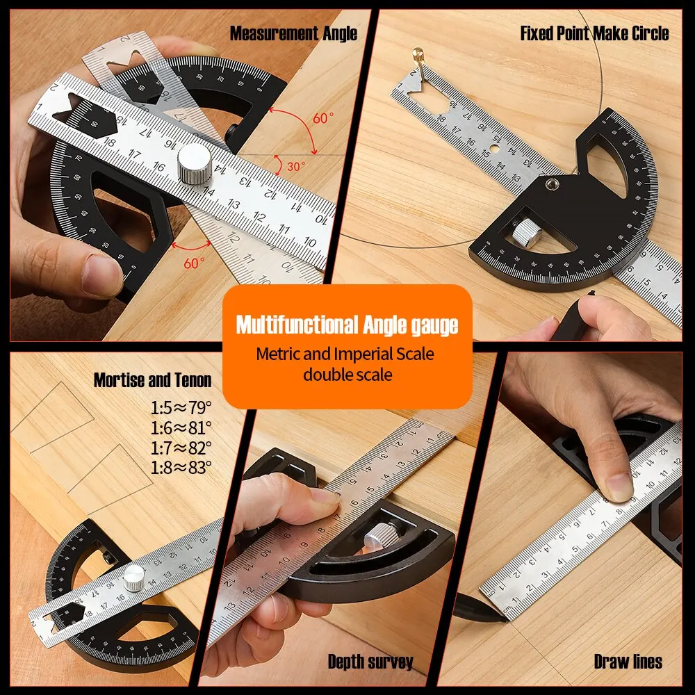 8in Angle Gauge Measurement Stainless Steel Precision Multifunctional Angle Protractor Adjustable Protractor Angle Finder