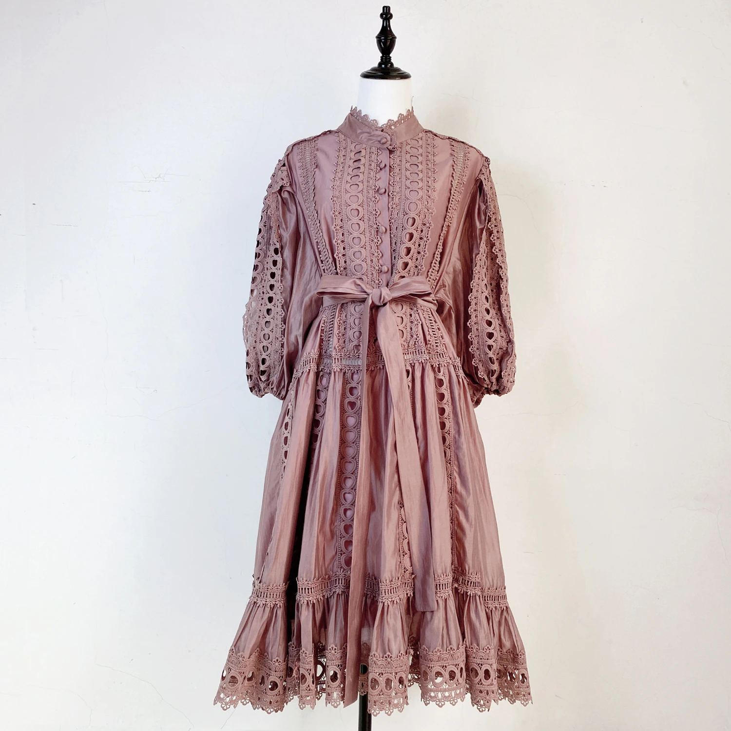 2025 Spring Summer Crochet Lace Embroidery Loose Dress Women's Stand Lantern Sleeve Single Breasted Lace Up Hollow Out Vestidos