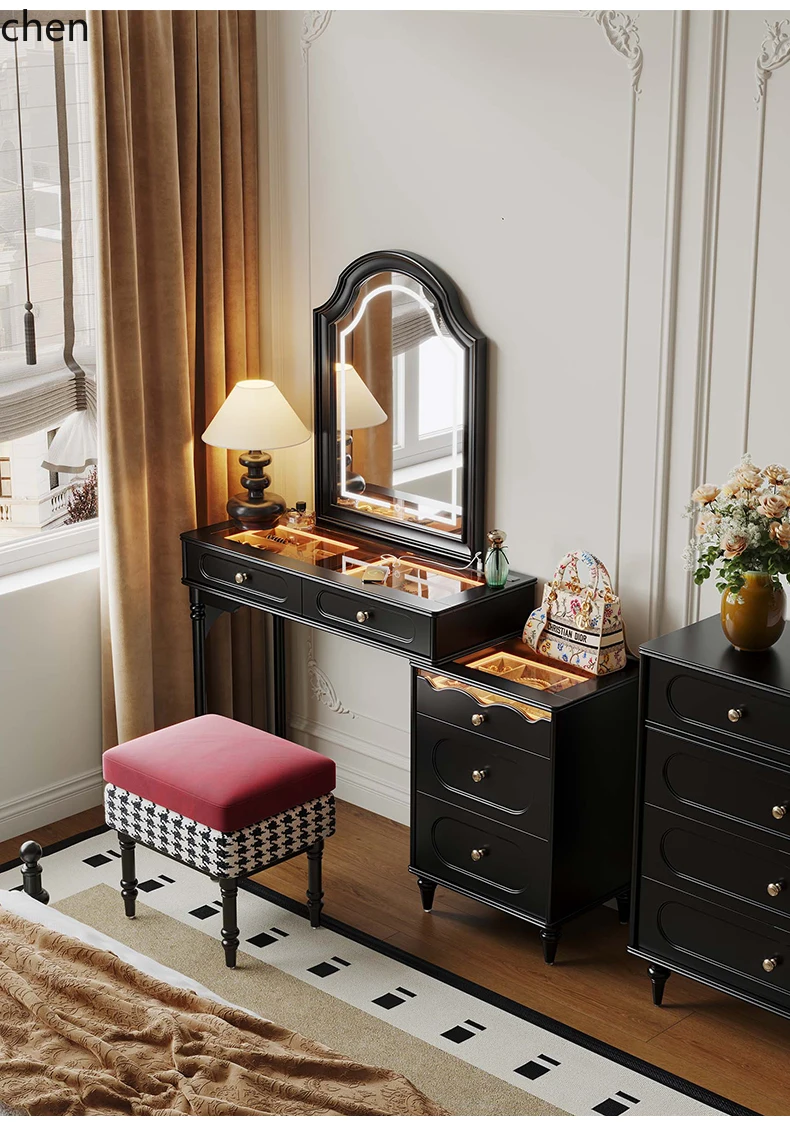

LXC Retro Style Solid Wood Dressing Table Chest Storage Small Bedroom Dressing Table with Integrated Makeup Mirror