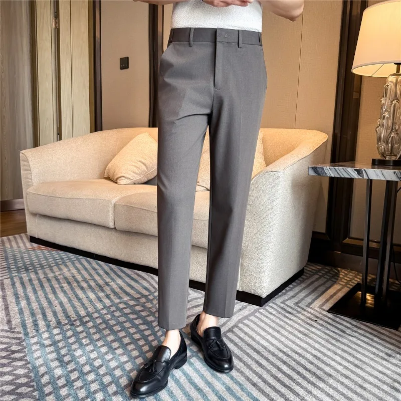 Summer Elastic Waisted Suit Pants Thin Ankle Length Pants Slim Business Casual Pants,breathable Groom's Wedding Formal Trousers