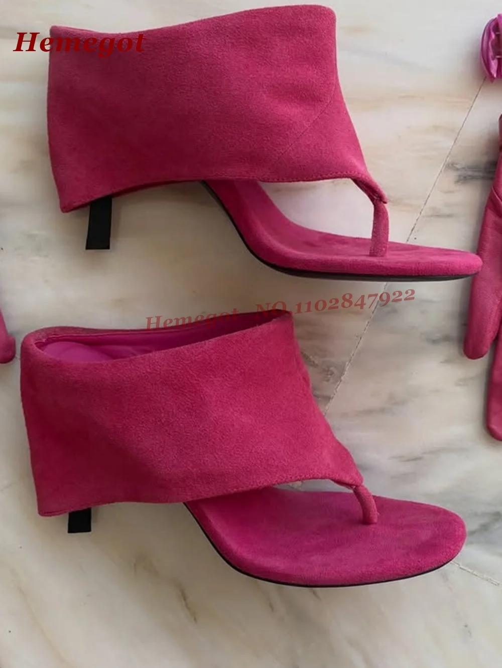 Magenta Suede Clip Toe Slippers Flanging T-Strap Stiletto High Heels Women's Slippers Splicing Runway Shoes 2026 New Side Air