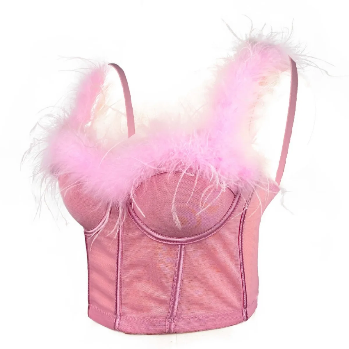Women's Fluffy Feather Trim Decor Slim Fishbone Shaping Soft Comfort Versatile Commute Fashion Outerwear Spaghetti Strap Bra Top