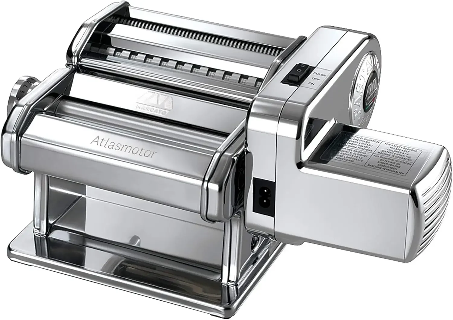 Made in Italy Atlasmotor 110V Electric Pasta Machine, Chrome Steel. Set includes Atlas 150, handcrank, clamp, Pastadrive motor