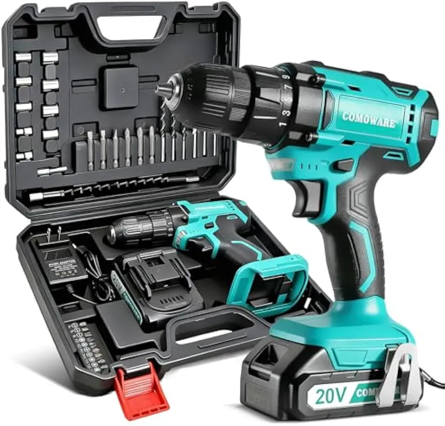 

20V Cordless Drill Set with Battery, Charger & 34 Bits, Keyless Chuck, Variable Speed for DIY Projects