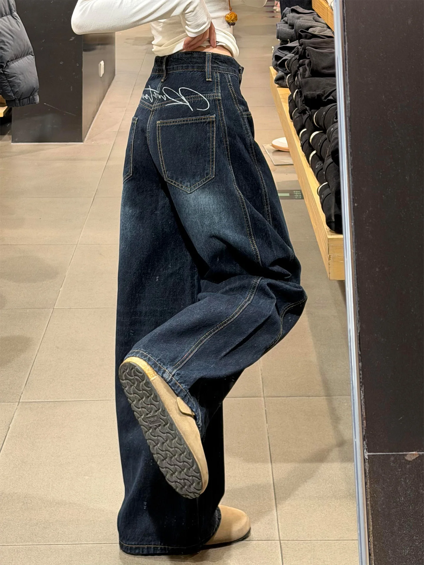 

Большой размер Lazy Feel Retro ket Вышивка Темно-синие прямые женские джинсы Новые зимние утягивающие широкие брюки