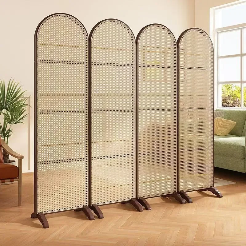 Japanese Rattan Folding Screen Partition Movable Room Divider for Living Room Small Apartment Home Decor Bookshelf Storage