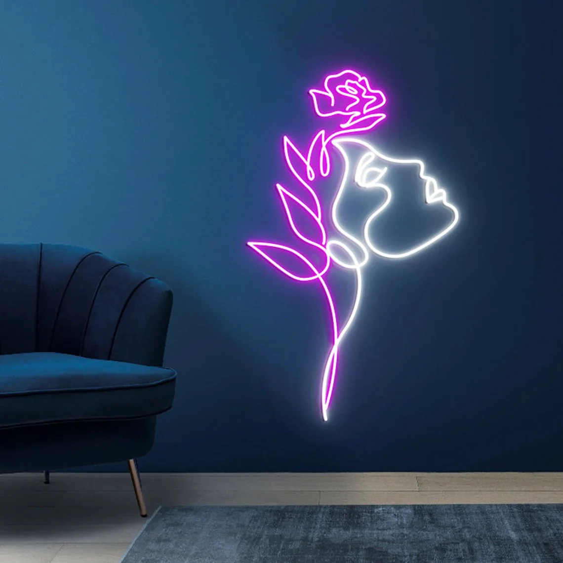 

Woman with Flower Neon Sign Female Face Personalized Wall Art Hanging for Girl Bedroom Night Lamp Beer Bar Pub Custom LED Lights