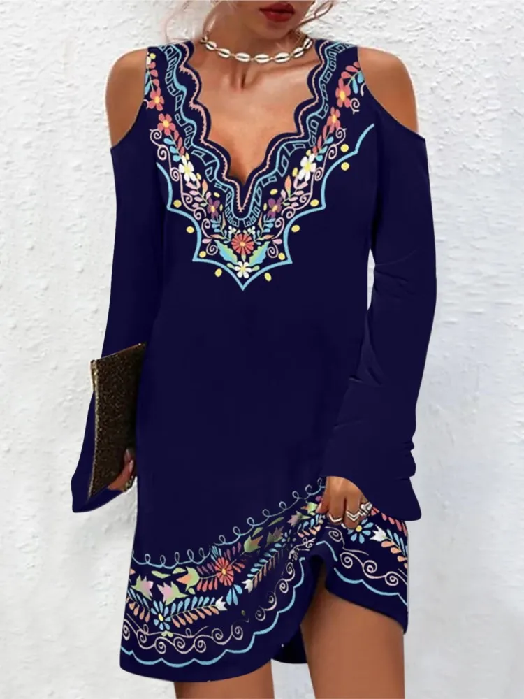 Autumn New Women's Clothing Ethnic Style Fashion Retro Print Wave Sexy V-neck Off Shoulder Trumpet Long Sleeved Dress