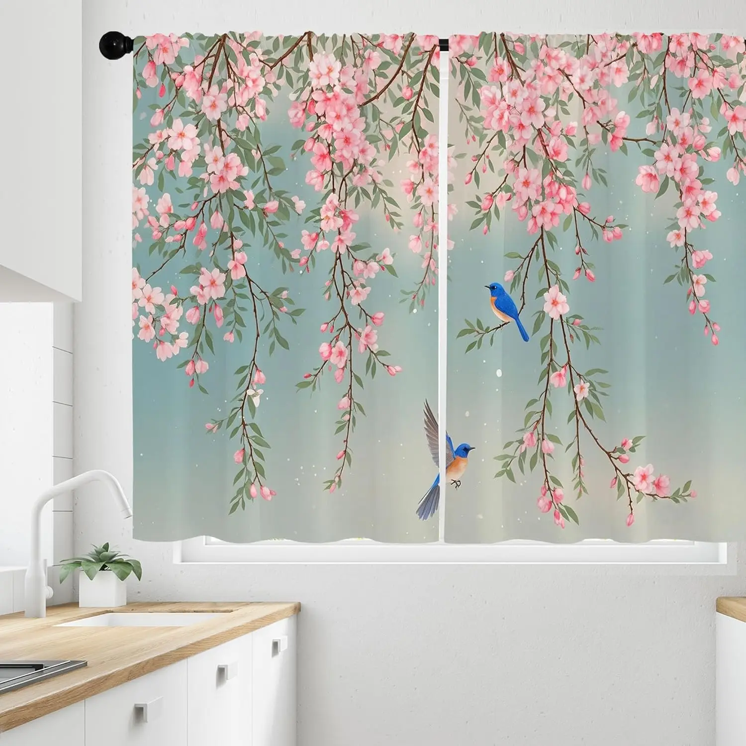 Pink Cherry Blossom Floral Kitchen Curtains, Boho Asian Birds Flower Curtain Pattern Print 36 Inch 2 Panels Chinese Cafe Small