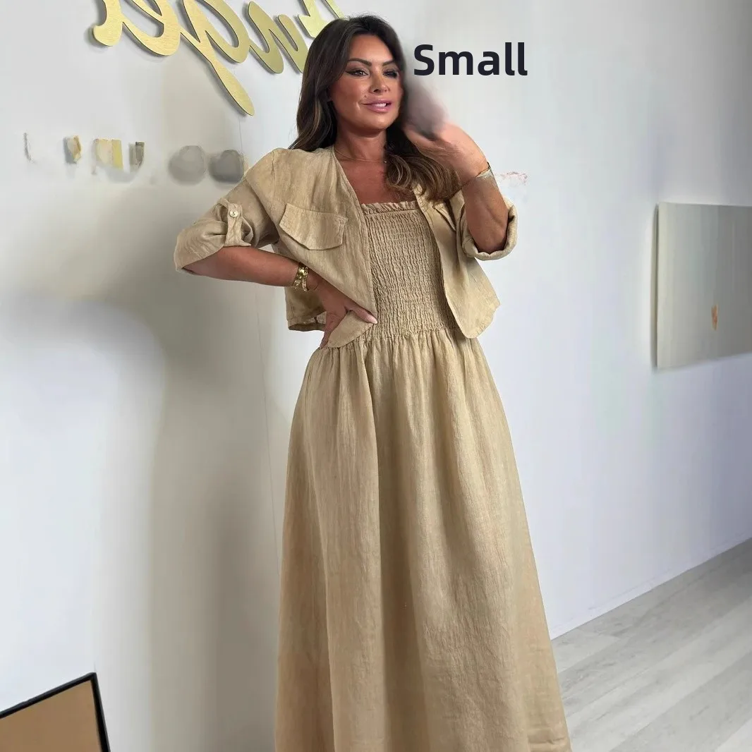 

Новинка 2025, летний однотонный льняной поплавок Dr с джатом, трансграничный комплект повседневной спортивной одежды, женская мода