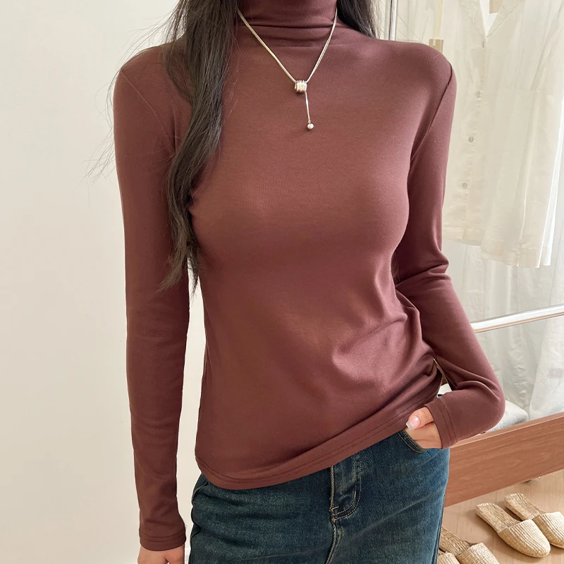 

Women Vintage Basic Knitted Tops 2025 Turtleneck T-Shirt Korean Style Simple Base Layer Tops Solid Color Versatile Slim T-Shirts