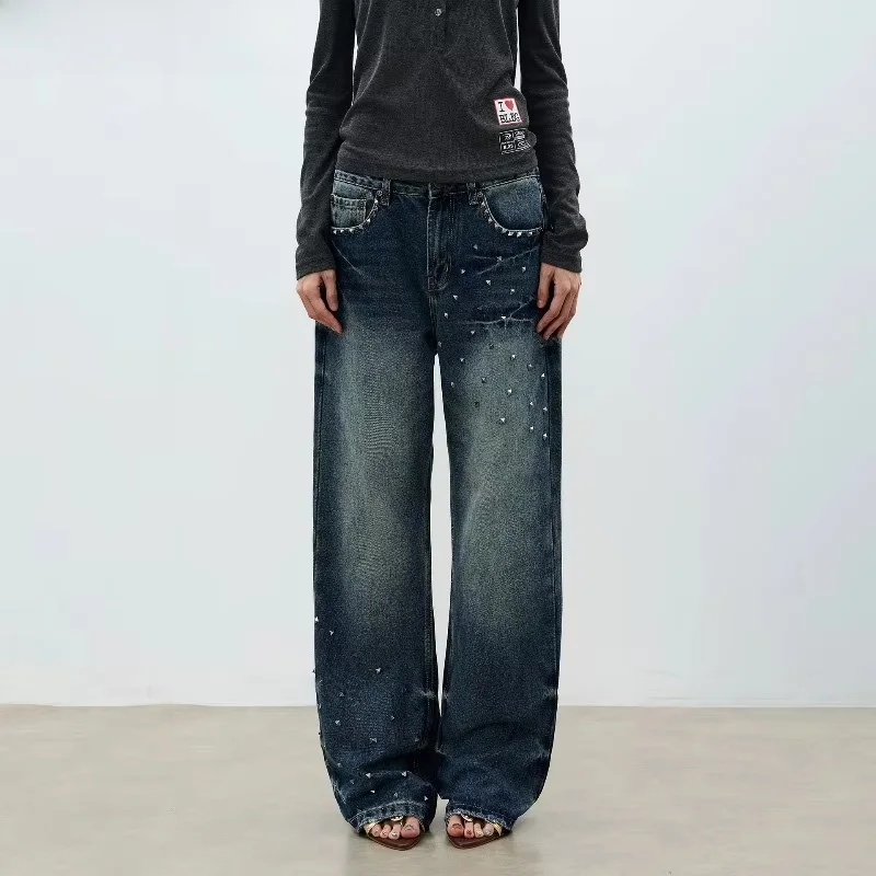 American Retro Studded Jeans For Women Men Unisex Y2k Grunge Wide Leg Slight Flare Denim Pants Streetwear Slimming Trousers