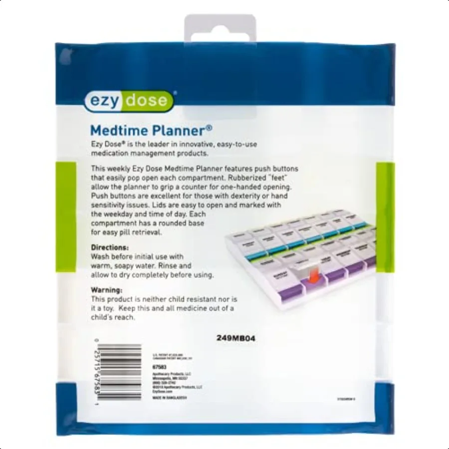Ezy Dose Weekly 7Day Pill Organizer Vitamin and Medicine Box 2XLarge Push Button Compartments 4 Times a Day Clear Lids