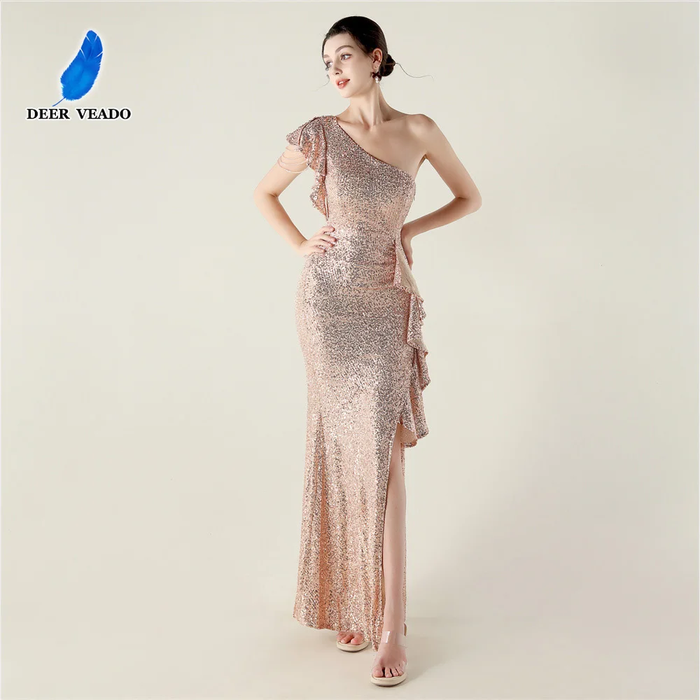 

DEERVEADO Women's Mermaid One Shoulder Evening Dresses Luxurious Beading Wedding Party Dresses Long Formal Dress Prom Gowns