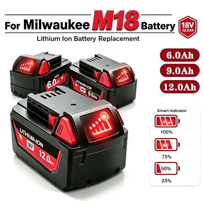 For Milwaukee M18 Battery, Charger, BR, XC, 18V Milwaukee M18B5 48-11-1860 Built-in 18650 Power Tool Battery 6.0Ah/9.0Ah/12.0Ah