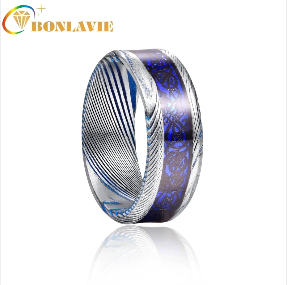 BONLAVIE 8mm Tungsten Carbide Ring Damascus Steel Inlaid Dragon Pattern Blue Opal Paper Bottom Ring For Men