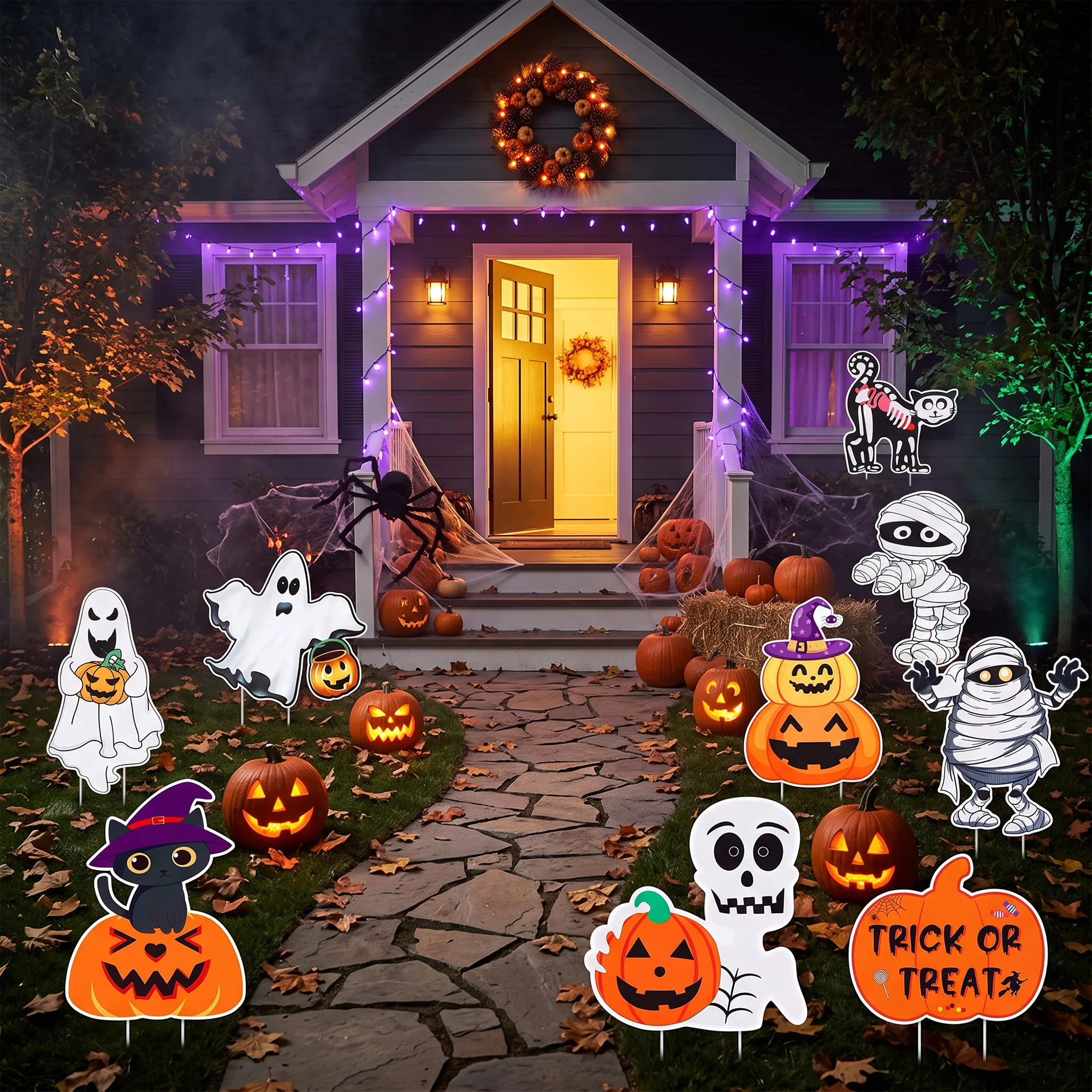 Halloween Skeleton Decoration - ชุดป้ายตกแต่งสนามฮาโลวีนพลาสติกแบบลูกฟูก 20 ชิ้น – ลายสองด้าน ประกอบด้วย