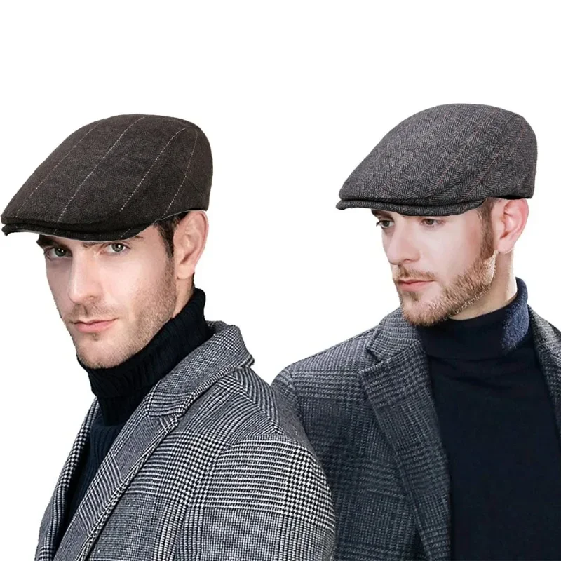 Herren Mode Baskenmützen Hochwertige Herbst-Winter Woll-Fischgrätmuster Flache Mütze Klassischer Künstler-Malermützen-Stil Männliche Gorras – Detail 17