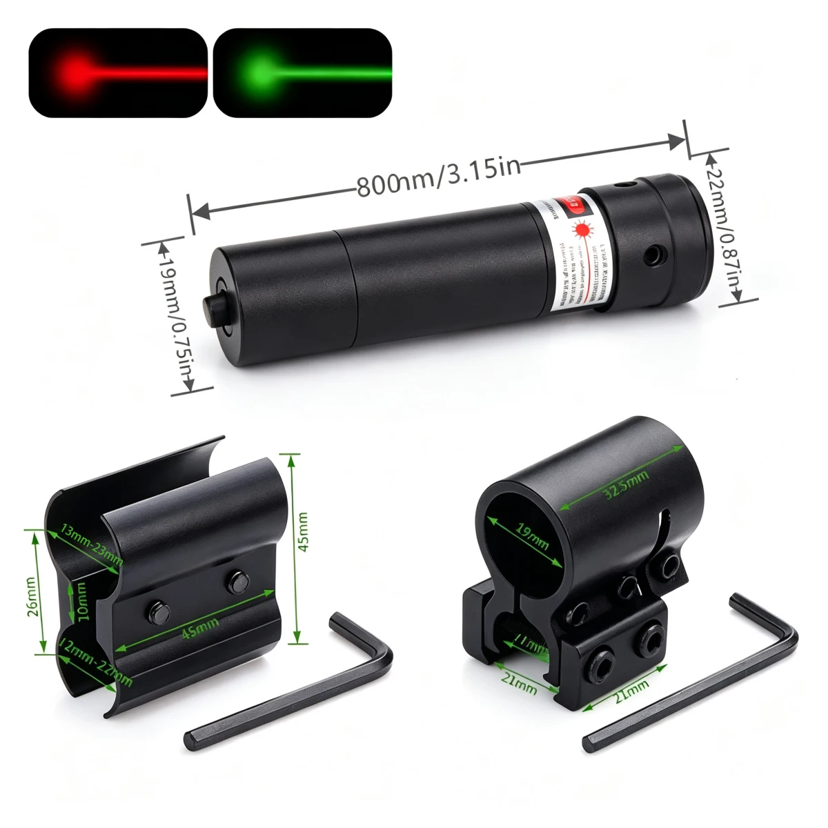 Taktyczny celownik laserowy z czerwoną i zieloną kropką, regulowany wskaźnik laserowy z bazą montażową na szynę 11/20 mm, pomocniczy system pozycjonowania do sportów outdoorowych. — 2