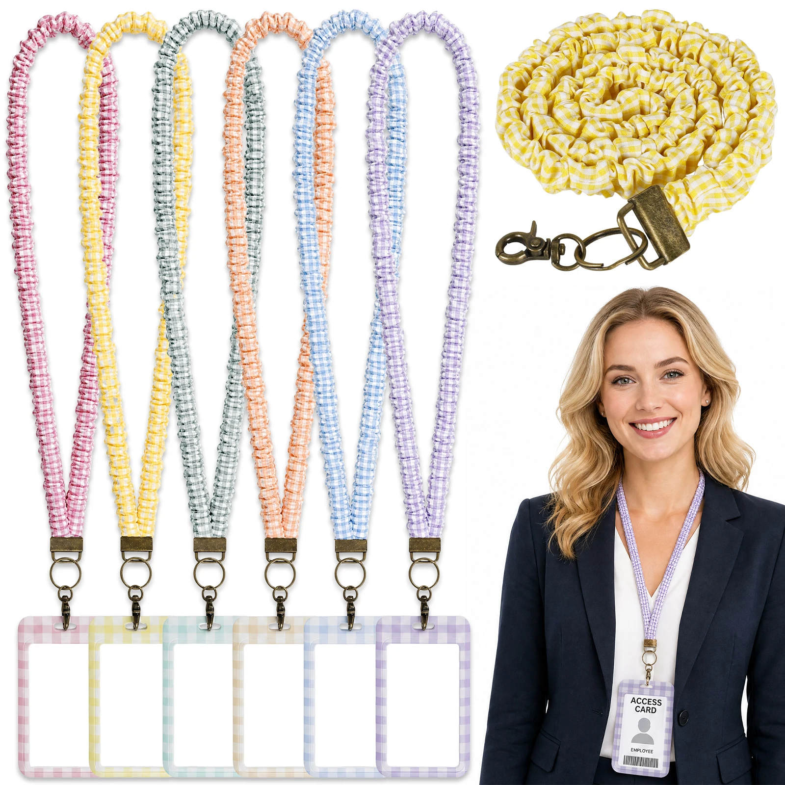 6 Pcs Plaid/Striped ID Lanyard Set with Stretchy Lanyard Portable ID Badge Holder Unisex Work Card Holders for Bank Card and Bus