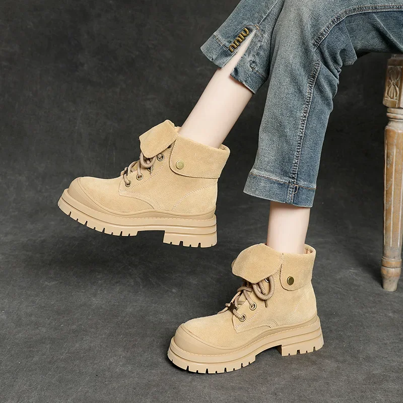 Ankle Boots Women 2024 Autumn New Suede Genuine Leather Outdoor Hiking Boots Platform British Style Women's Boots