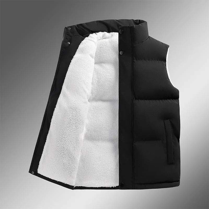 

Winter Man Down Vest Thicken Fleece Cold-proof Men Waistcoat Simple Solid Stand Collar Zipper Versatile Daily Male Coat