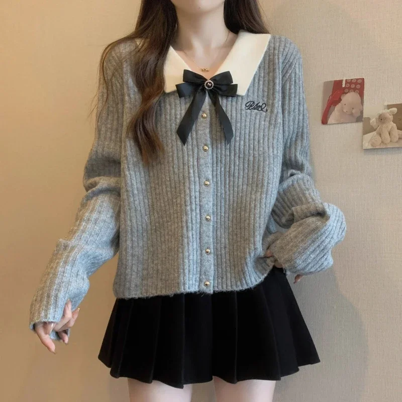 Deeptown Kawaii Sweet Cardigan Sweater Woman Grey Bow Knitted Tops Coquette Fashion Korean Style Sweater Autumn Winter Casual