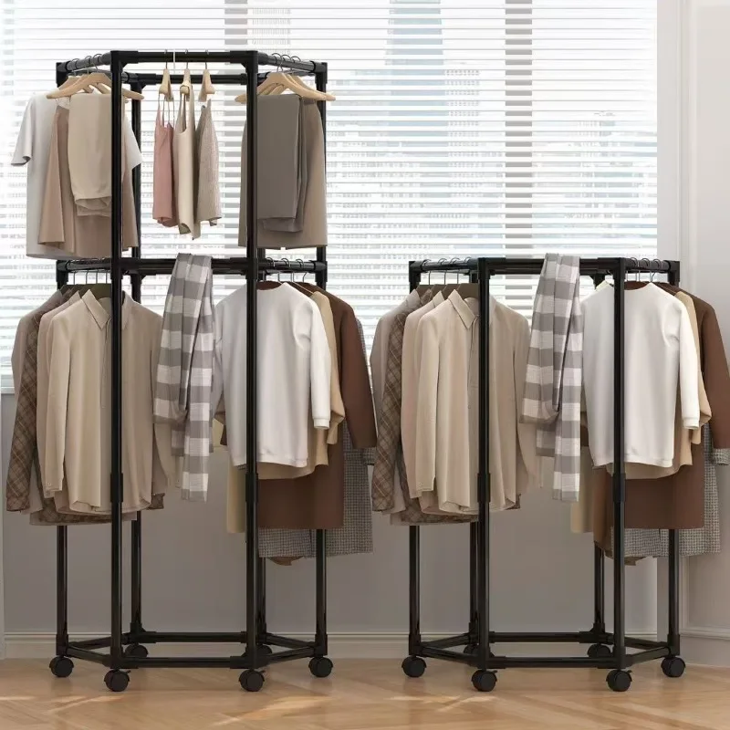 Simple metal floor drying rack with wheels rotating polygonal drying rack