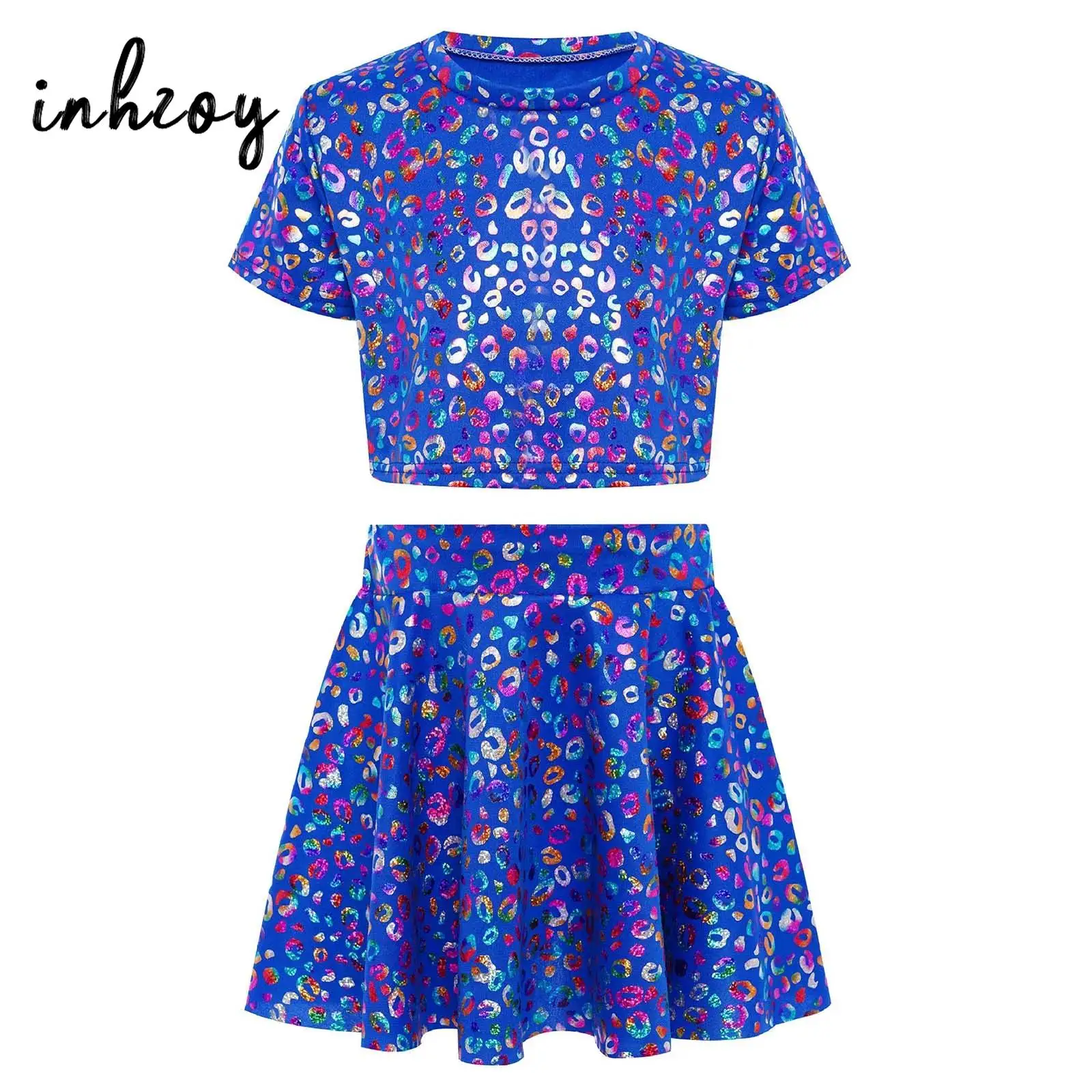 

Girls Leopard Print Cheerleading Dance Performance Costume Round Neck Short Sleeve Crop Top with Elastic Waistband Ruffled Skirt