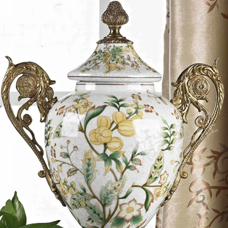 Imagem -04 - Cobre-folheado Porcelana Ânfora Vaso Tecido Caixa Ornamentos de Flores Sala Canto Europeu e Americano Ouro Francês