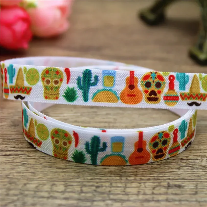 DUWES 5/8'' 50yards Flag Mexican UK Skull Bang Printed Fold Elastic FOE Stretch Ribbon Accessories Craft DIY Sewing D2509