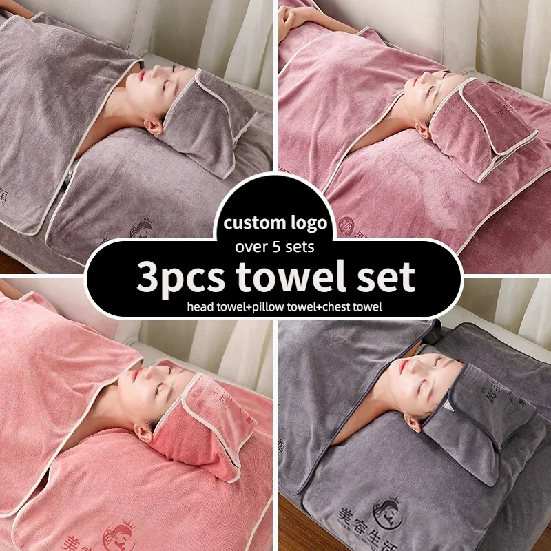 3Pcs Beauty Salon Microfiber Towel Set for Adults, Turban, Towel, Pillow Cover, Bed Bath Skirt Custom Logo