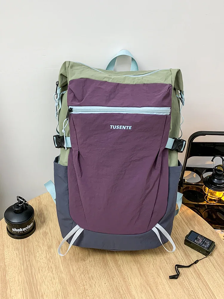 Women Color Block Crinkled Nylon Backpack Large Capacity Adjustable Strap Casual Travel School Outdoor Daypack Shoulder Bag