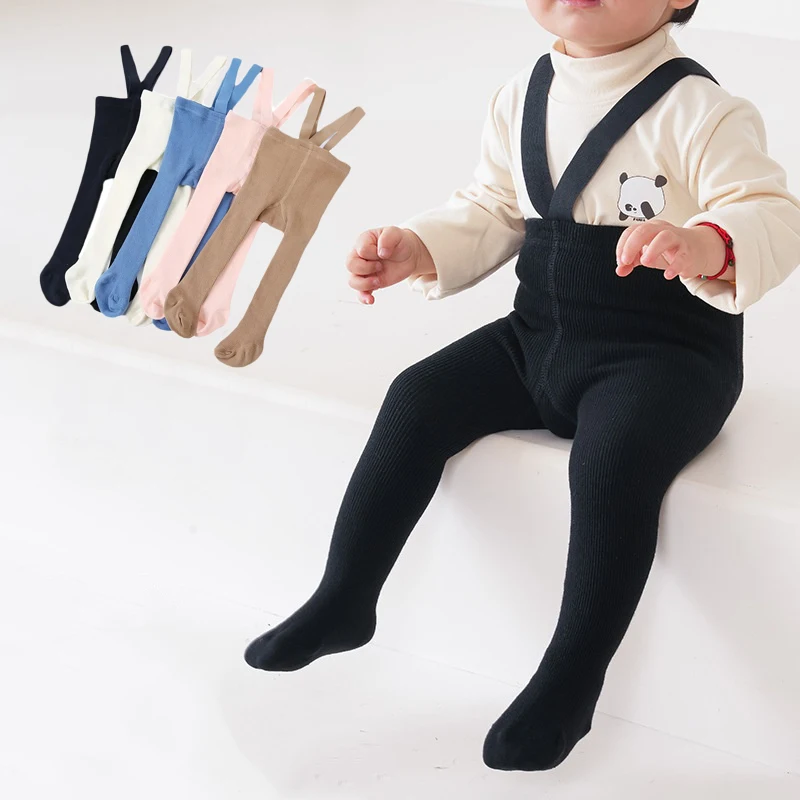 Spring Autumn Tights For Boys Girls Soild Color Casual Pantyhose With Shoulder Strap High Waist Cotton Knitted Leggings 0-3Years