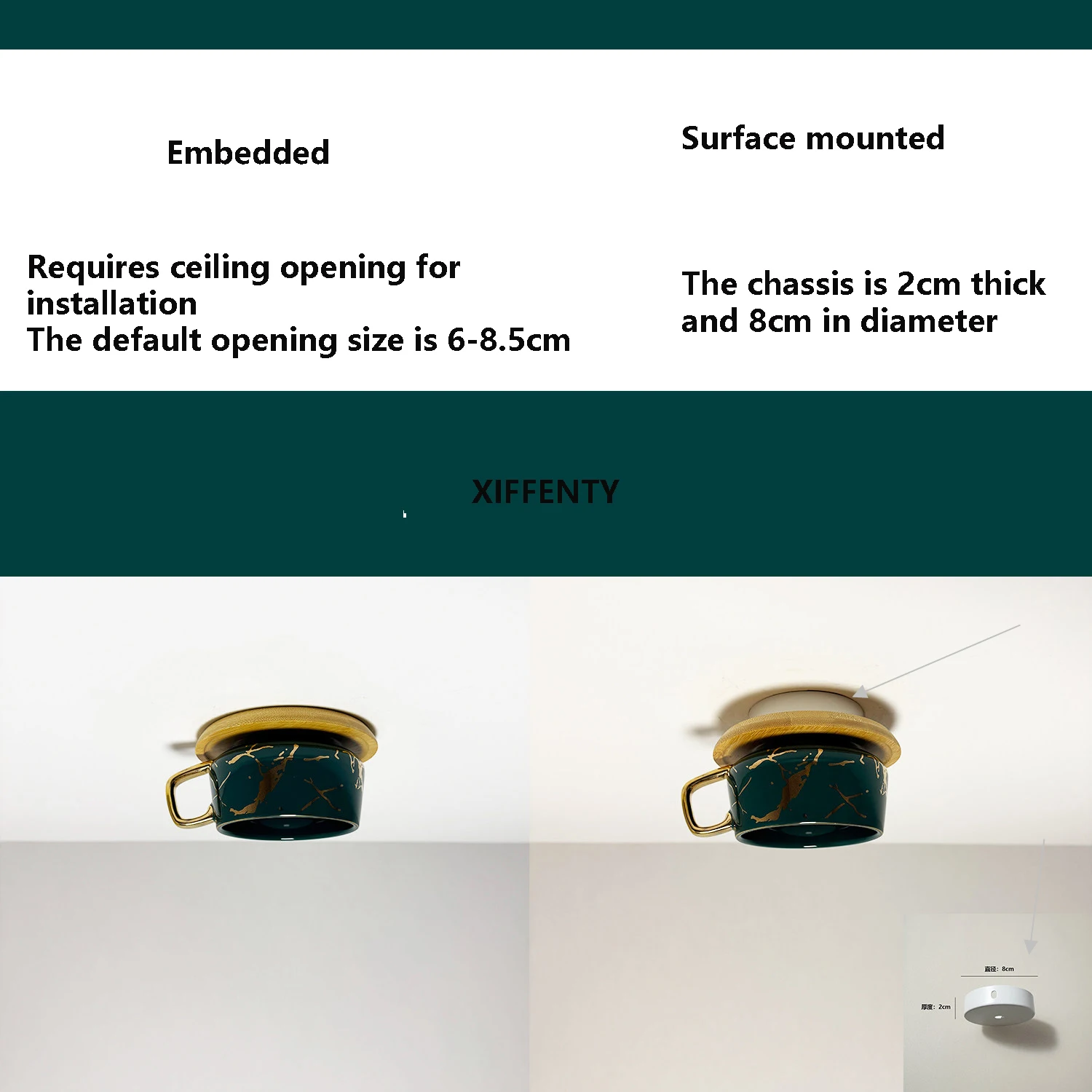 Creative teacup ceiling light LED indoor dessert shop decorative entrance light green marble pattern embedded downlight