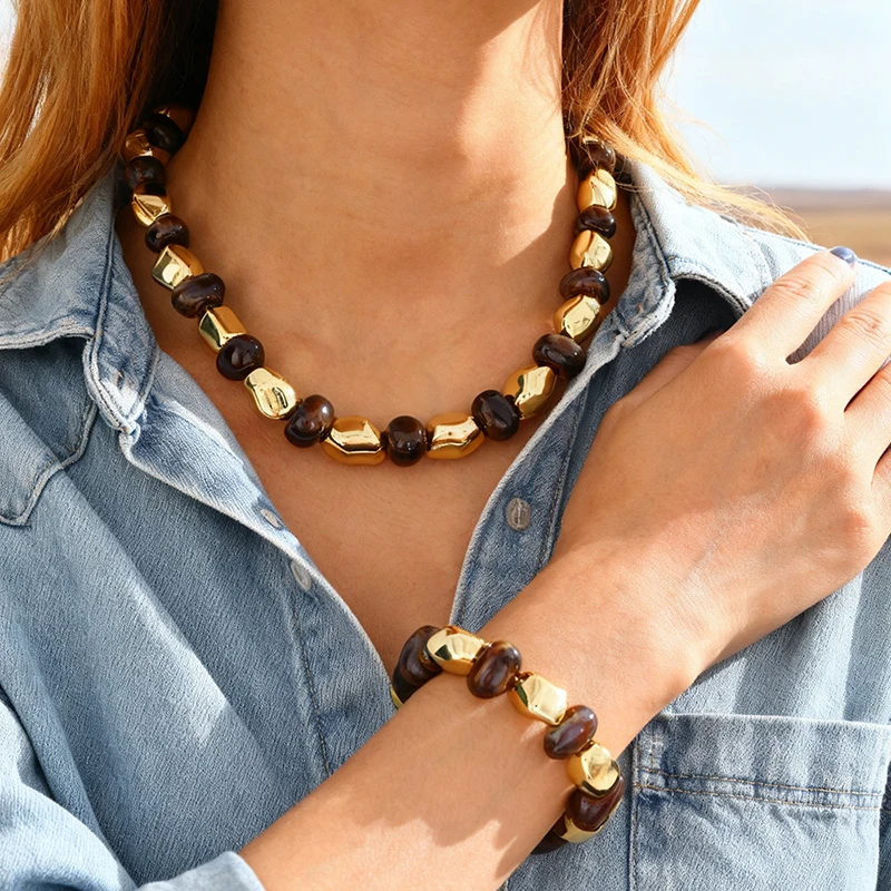 Vintage Mirad Irregular Beaded Necklace Bracelet Set, Women's Daily Accessories for Autumn and Winter