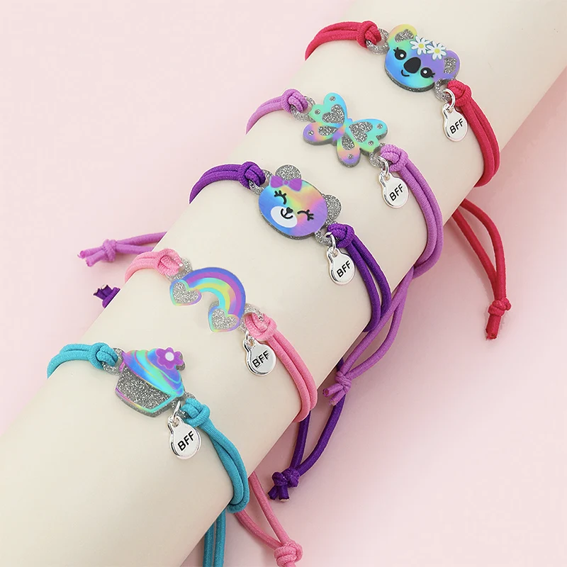 5Pack Cute Unicorn Donut Rainbow Bear Butterfly Charm Elastic Rope Bracelet for Girl Hairband Use Friendship BFF Gifts